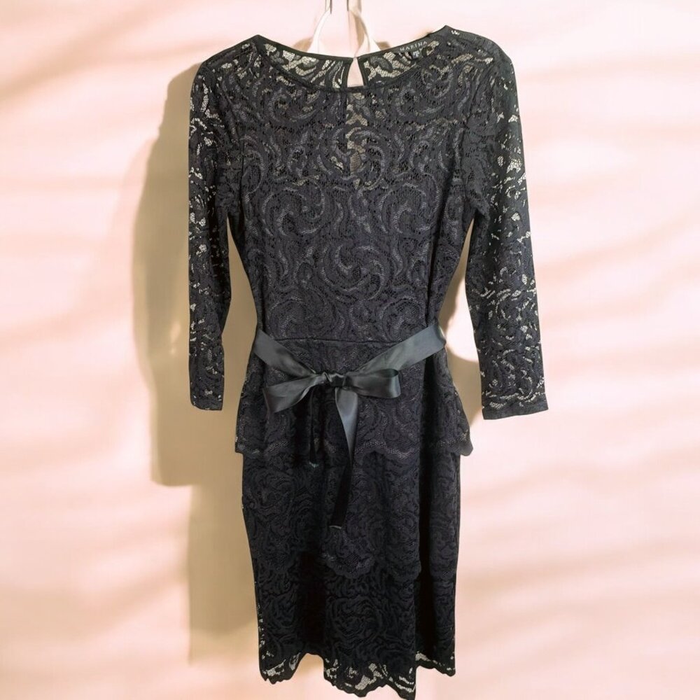 Marina Black Laceโ Nylon Blend Tiered 3/4 Sleeve Sheath Dress